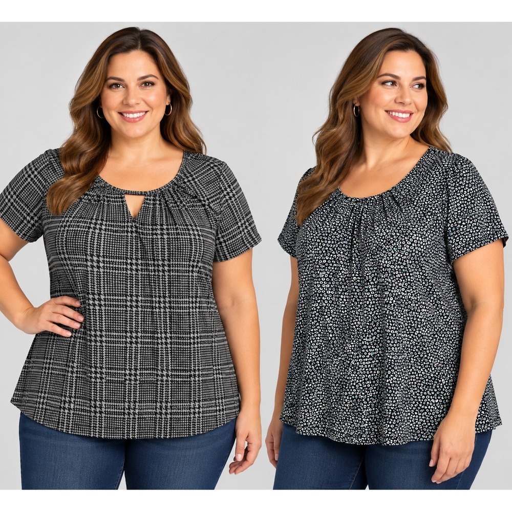 Worthington Woman 2X Plus Size Knit Tops Lot 2 Houndstooth Dot Black White